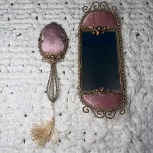 VTG Victorian Pink Brocade Filigree Vanity Tray & Hand Mirror Regency Romantic